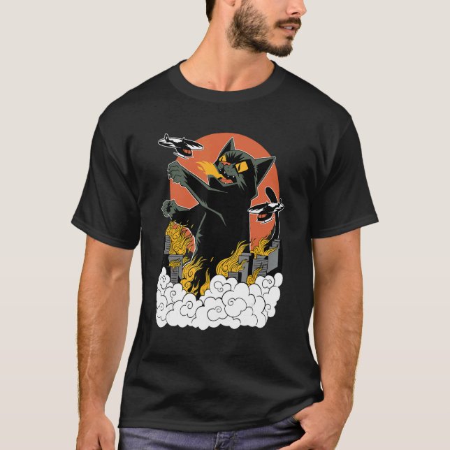 Svart Japansk Catzilla Sunset T-Shirt - Klassisk F (Framsida)