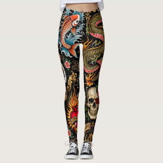 Svart japansk tatuering -,Koi Fisk Drakskalle Ros Leggings