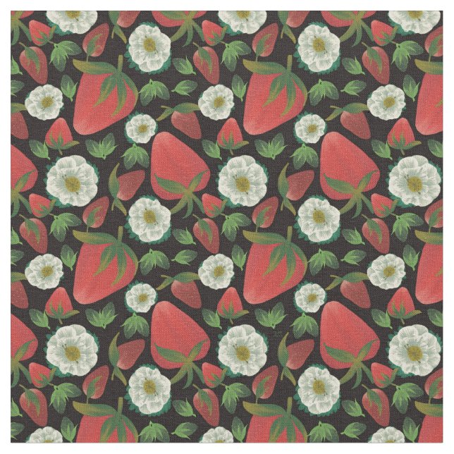 Svart jordgubbssvart Blommönster Tyg (Närbild)