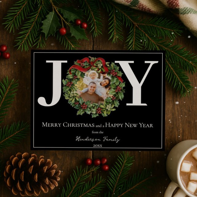 Svart Joy-julkransfoto Julkort (Black Joy Christmas Wreath Photo Holiday Card)