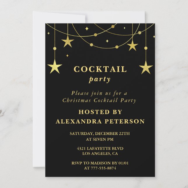 Svart jul cocktailparty inbjudan Guldstjärnor (Framsida)