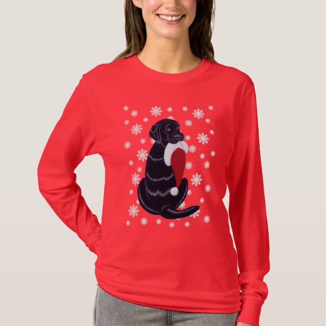 Svart jul för Labrador & Santa hattSnowflake Tee (Framsida)