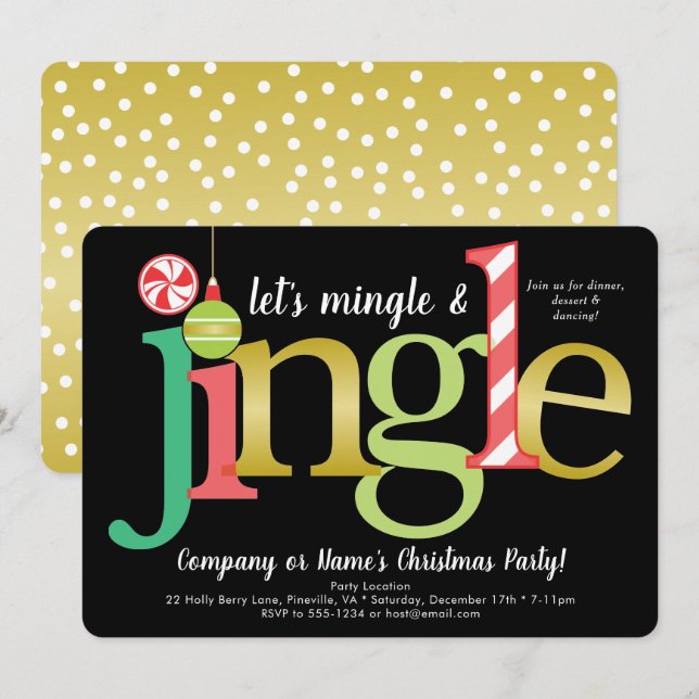 Svart jul i Mingle och Jingle Red Guld Party Inbjudningar (Fram/baksida)