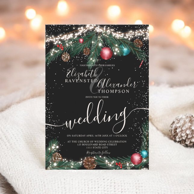 Svart jul, ljus, gräs gren snö bröllop i inbjudningar (Black Christmas lights pine branch snow wedding Invitation)