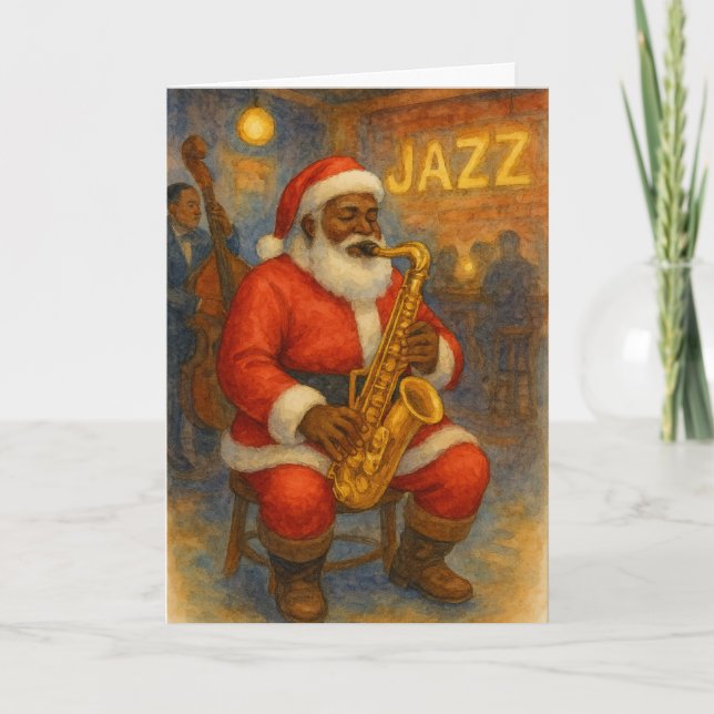 Svart jul Santa Jazz Saxofon Julkort Kort (Framsida)