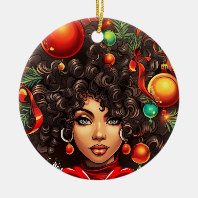 Svart jul Sista Melanin Queen Women Julafton Julgransprydnad Keramik (Framsidan)