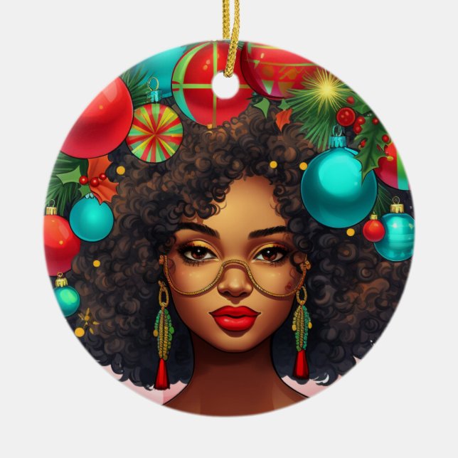 Svart jul Sista Melanin Queen Women Julafton Julgransprydnad Keramik (Framsidan)