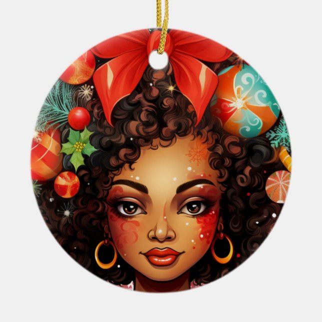 Svart jul Sista Melanin Queen Women Julafton Julgransprydnad Keramik (Framsidan)