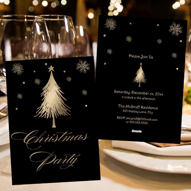 Svart julfest i elegant Guld Julkort (Elegant Gold Black Christmas Party Invitation)