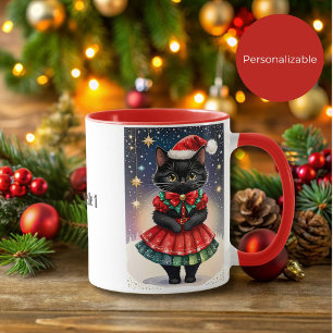 Svart julkatt i Red and Grönt Skirt Mugg