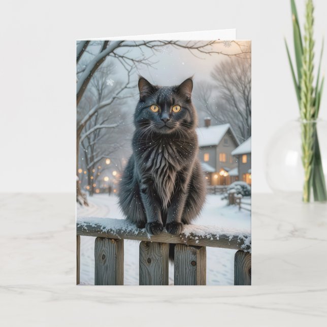 Svart julklapp på ett snöslemhinne kort (Framsida)