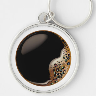 Svart kaffe Keychain Rund Silverfärgad Nyckelring