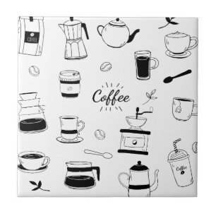Svart kaffe- och Cafemönster för hand plockade Kakelplatta