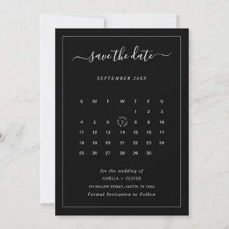 Svart Kalender Modern Minimalistisk Bröllop Elegan Spara Datumet