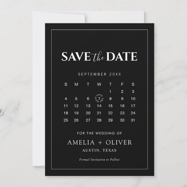 Svart Kalender Modern Minimalistisk Bröllop Elegan Spara Datumet (Framsida)