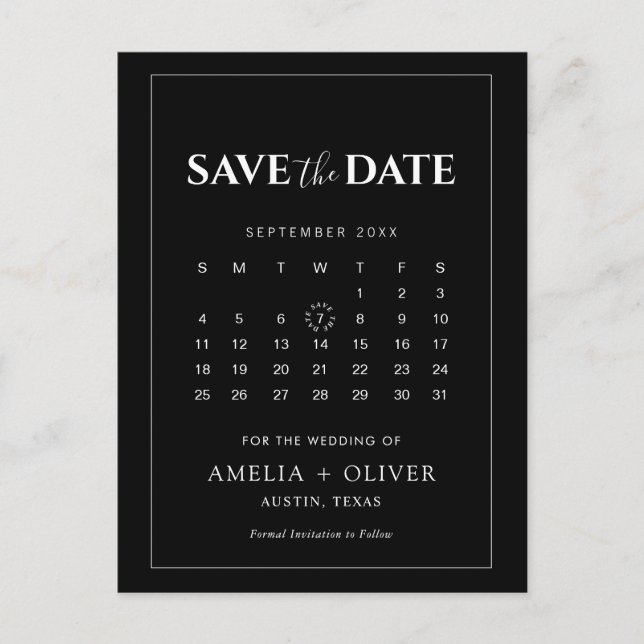 Svart Kalender Modern Minimalistisk Spara Datum Vykort (Framsida)