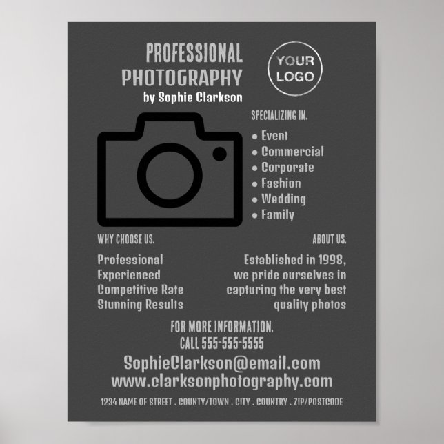 Svart kameraikon, fotograf, fotouthyrning poster (Framsidan)