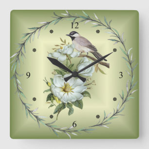 Svart - Kammad Chickadee ~ White Magnolia Flower ~ Fyrkantig Klocka