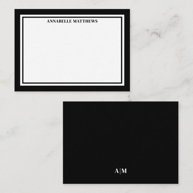 Svart Kant Minimalistisk Namn Monogram Anteckningskort (Fram/baksida)