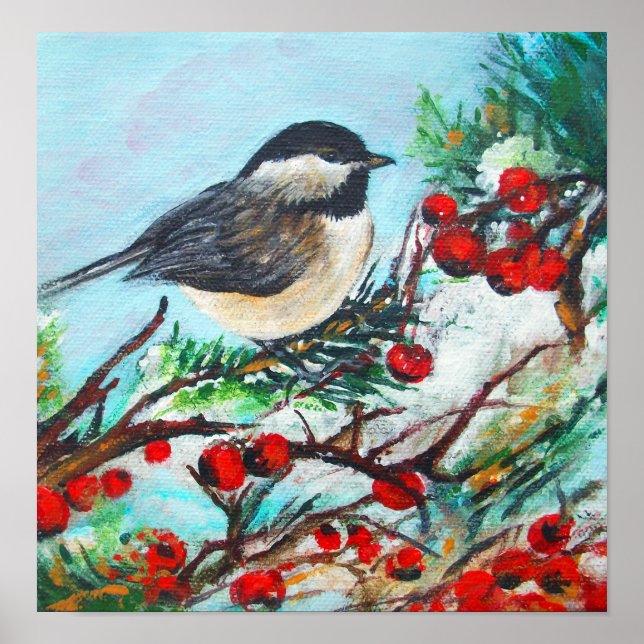 Svart, kapad Chickadee med berries på Gren Poster (Framsidan)