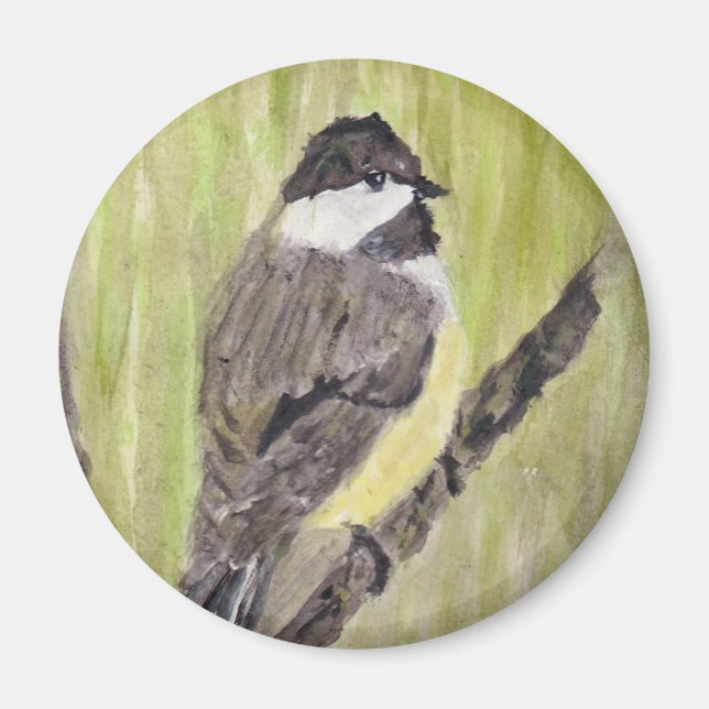 Svart-kapade Chickadee Bird - akrylmålning. Magnet (Framsidan)