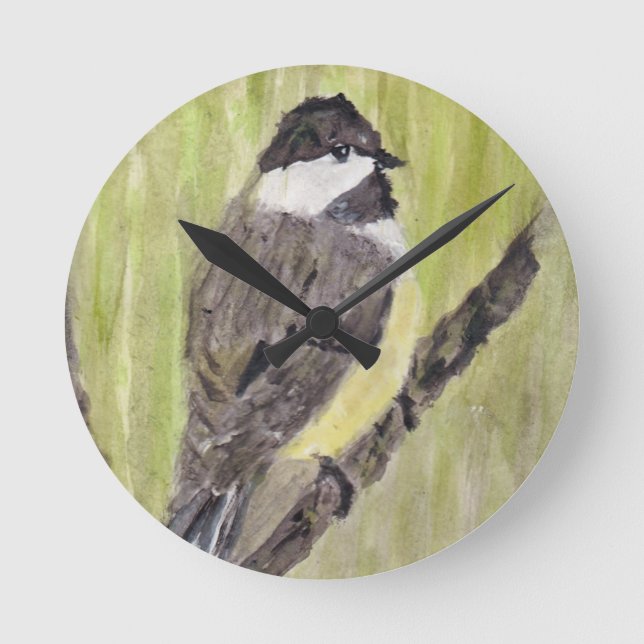 Svart-kapade Chickadee Bird - akrylmålning. Rund Klocka (Framsida)