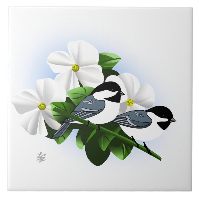 Svart, kapade chickadee-plattor kakelplatta (Framsidan)
