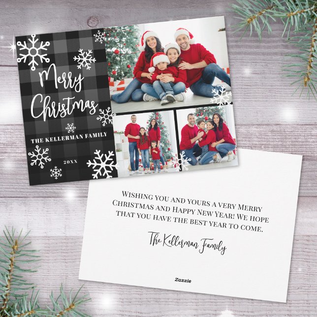 Svart Karo Foto Jul Julkort (Photo Collage Black Plaid Merry Christmas Holiday Card)