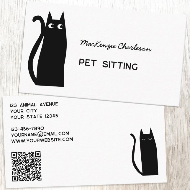 Svart Kat QR-koduppsättningstjänst Visitkort (Fun black cat custom text qr code pet sitting feeding services business card)