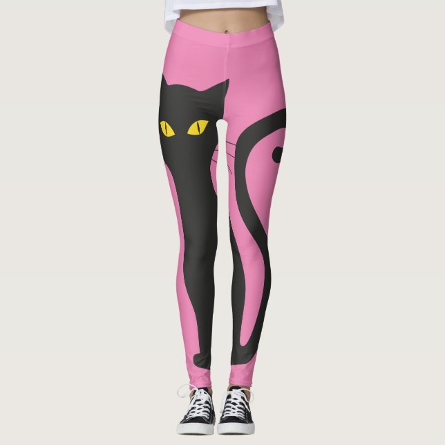 SVART KAT & ROSA YOGA BYXOR-LAGAR LEGGINGS (Framsida)