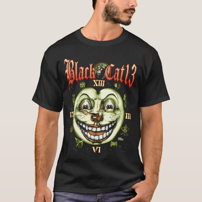 Svart katt 13 tar tid på Halloween Tee Shirt (Framsida)