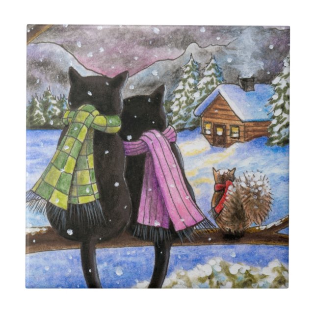 Svart katt 585 vinterekorre snö kakelplatta (Framsidan)