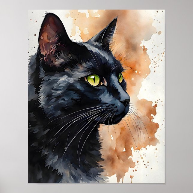Svart Katt Akvarell Elegant Katt Väggkonsttryck Poster (Framsidan)