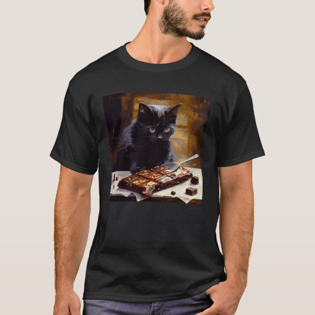 Svart Katt Älskar Choklad T Shirt (Framsida)