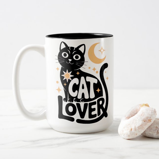Svart Katt Älskare Design med Celestial Magi Två-Tonad Mugg (Med munk)