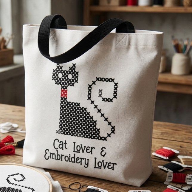 Svart katt älskare tygkasse (Cat Lover & Embroidery Lover tote bag)