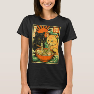 Svart katt&a; Orange Cat Slurping Ramen Japansk T Shirt