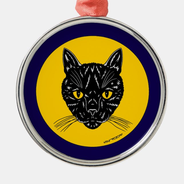 Svart katt ansikte julgransprydnad metall (Framsidan)