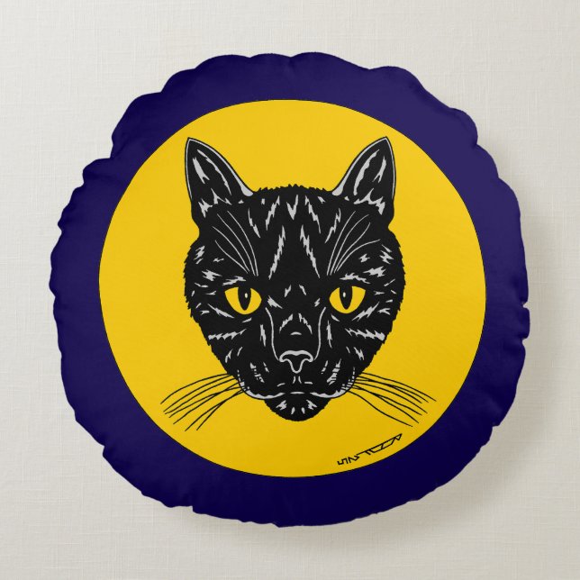 Svart katt ansikte rund kudde (Framsidan)