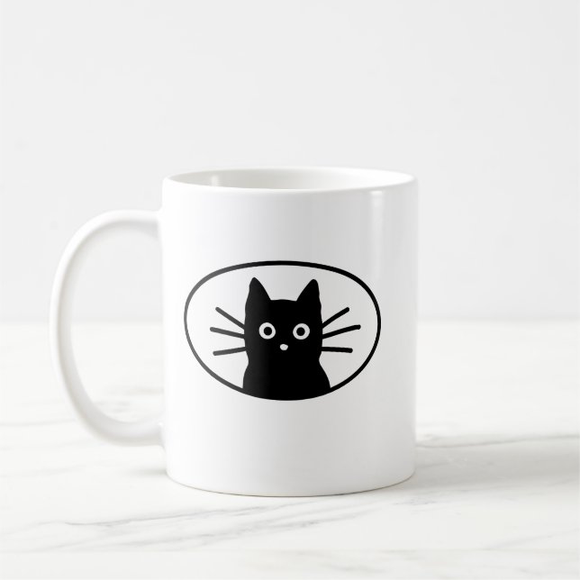 Svart Katt Ansikte Sött Minimalist | Kawaii Katt Kaffemugg (Vänster)