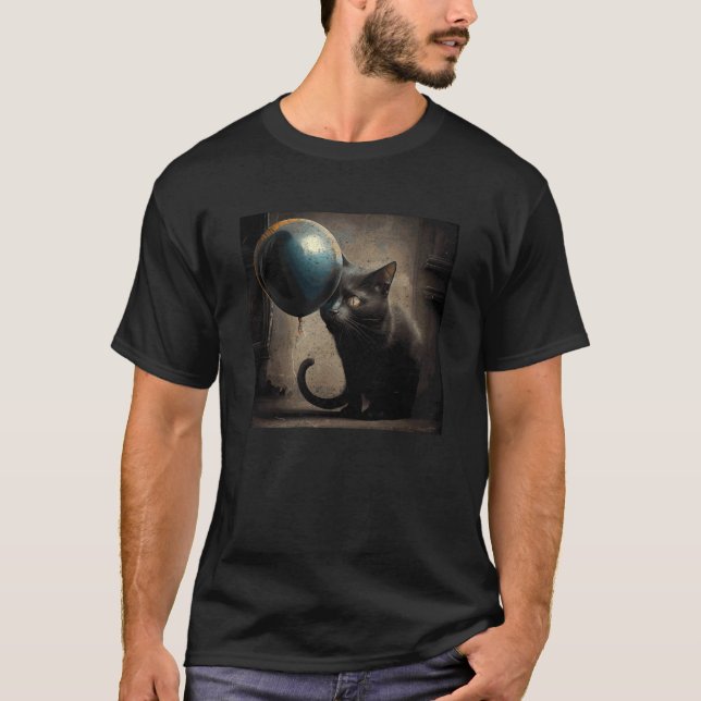 Svart katt äter ballong t shirt (Framsida)