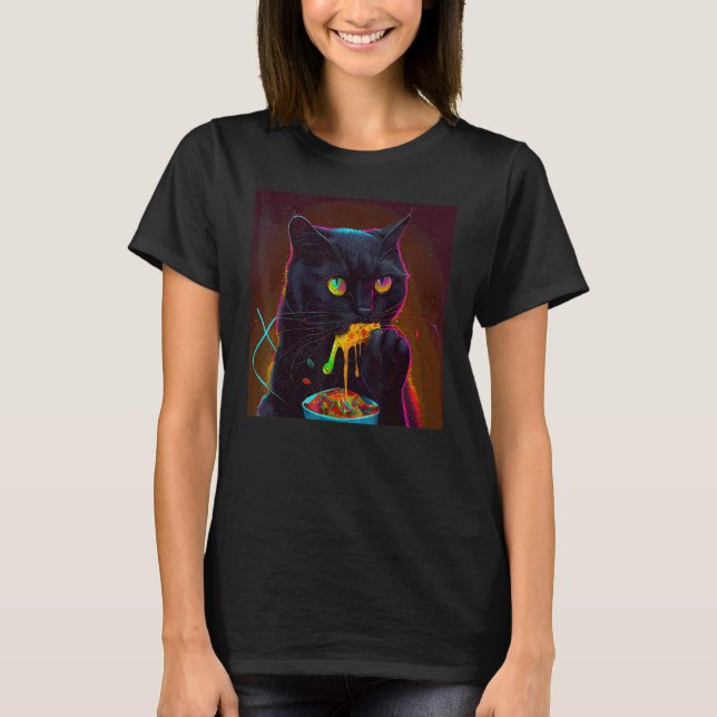 Svart katt äter färgglada t shirt (Framsida)