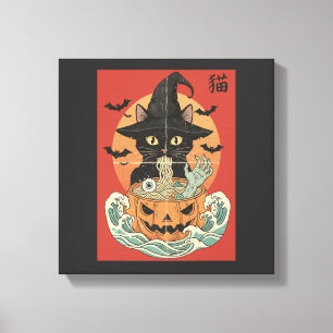 Svart katt äter japansk ramen för Halloween Canvastryck