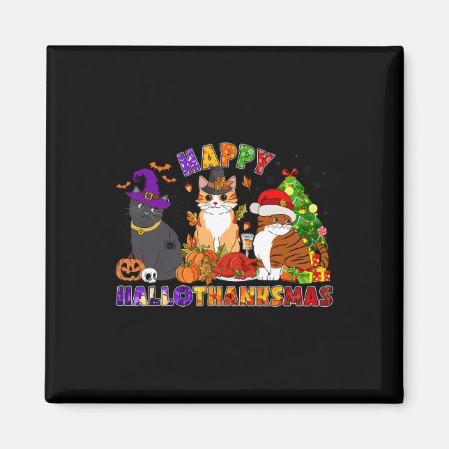 Svart katt av Cute Lycklig Hallothanksmas för svar Magnet (Framsidan)