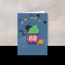 Svart katt-barn Halloween-blå vykort