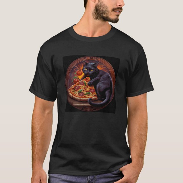 Svart katt bitande pizza t shirt (Framsida)