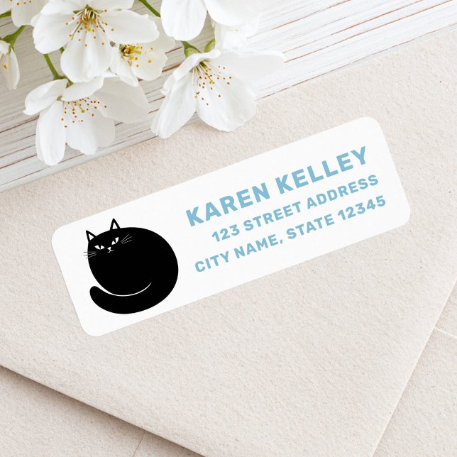 Svart katt blå vit returadress etikett (Black cat blue white return address label)