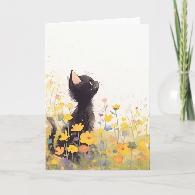 Svart katt bland blommor kort (Framsida)