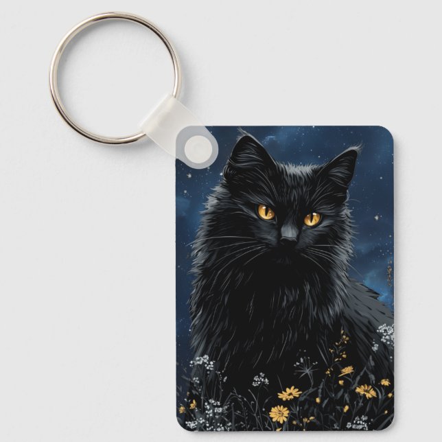 Svart katt bland blommorna nyckelring (Framsida)