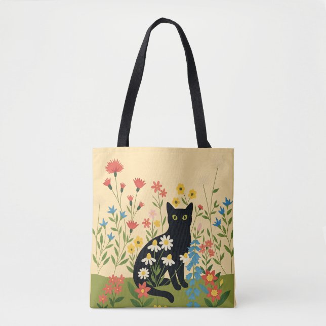 Svart katt bland färgglada vildblommor – Cottageco Tygkasse (Framsida)